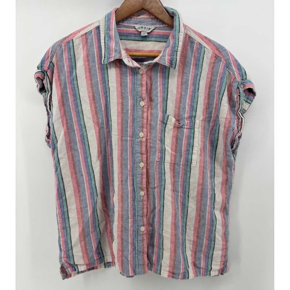 Orvis Classic Women's Striped Button Down Sleeveless Top Large Linen Blend